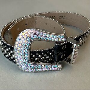 B.B. Simon M6000 Black Leather Belt with Silver and Iridescent Accents